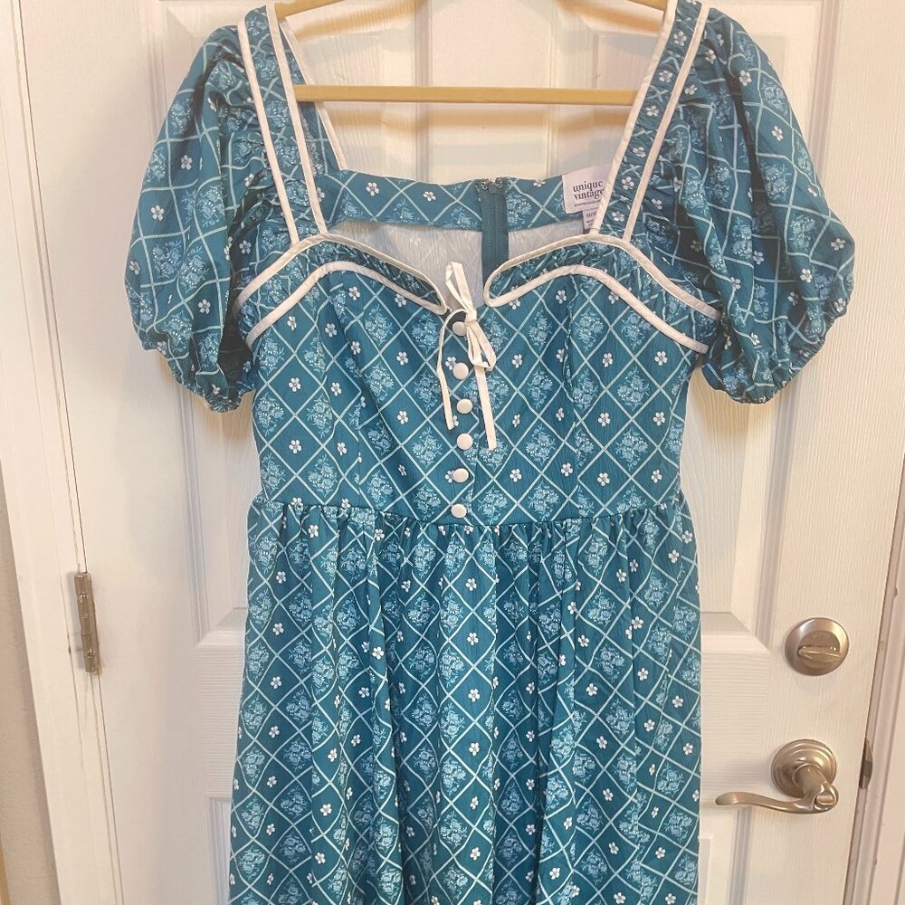Unique Vintage 1940s Sweetheart Button Front Swing Dress Teal Sz 1x #10 - Picture 7 of 7